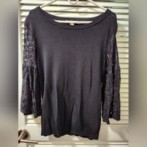 Boston Proper Black Knit Top With Lace 3/4 Sleeves